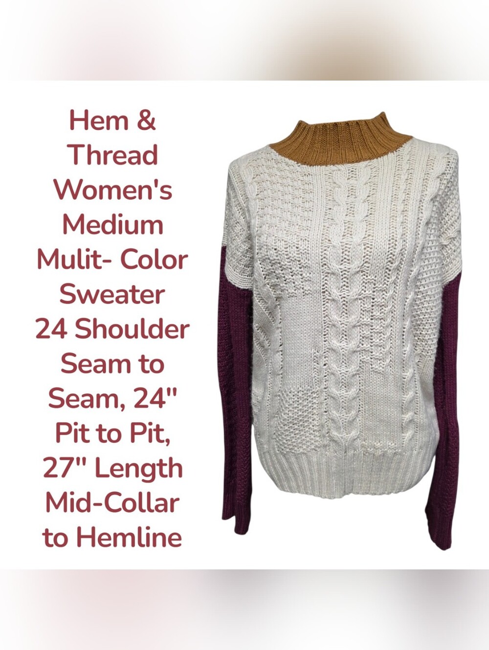 Hem & Thread Women's Sweater Cream/ Tan/ Mulberry M Euc